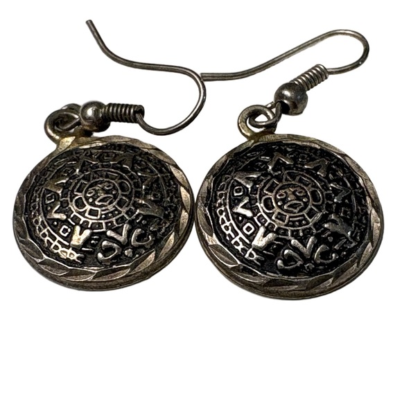 Jewelry - Vintage Aztec Calendar Style Dangle Earrings Silver Tone Boho
